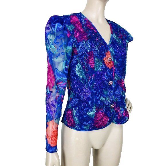 VTG 90s Patra Colorful Chiffon Puff Sleeve Floral Popcorn Buttoned Blouse Jacket - Picture 1 of 10